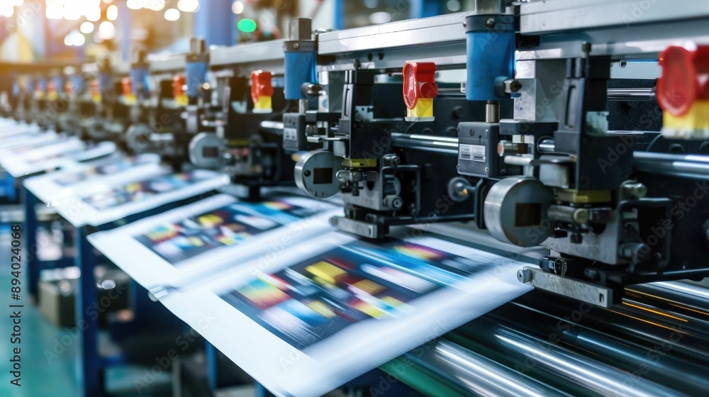 High-speed printing press in an industrial setting High-speed printing press in an industrial setting