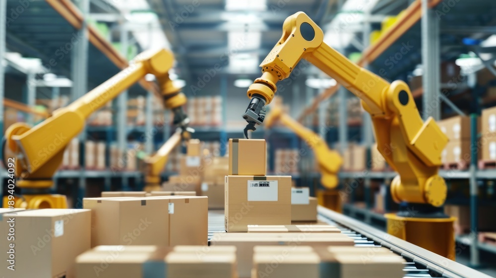 High-tech robotic arms sorting packages in a modern storage facility High-tech robotic arms sorting packages in a modern storage facility