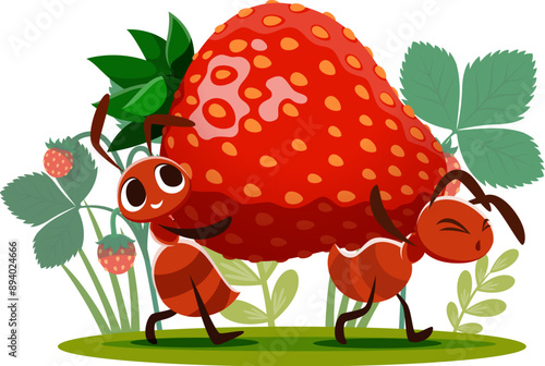 Cartoon ants carry strawberry for food in meadow grass, vector funny insect characters. Happy smiling ants carrying strawberry berry to anthill nest walking among field flowers for child cartoon fun