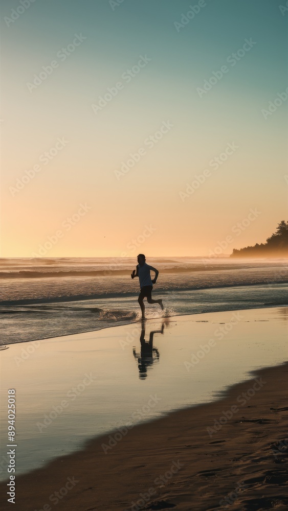 Sunset Beach Runner Silhouette Jogging Along Shoreline during Vibrant Evening. Sunset Beach Runner Silhouette Jogging Along Shoreline during Vibrant Evening.