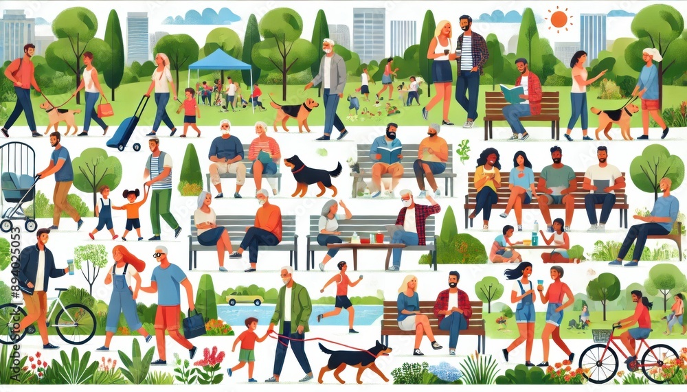 Fototapeta premium a diverse group of people enjoying a park. Some are walking their dogs, while others are sitting on benches reading or chatting. 