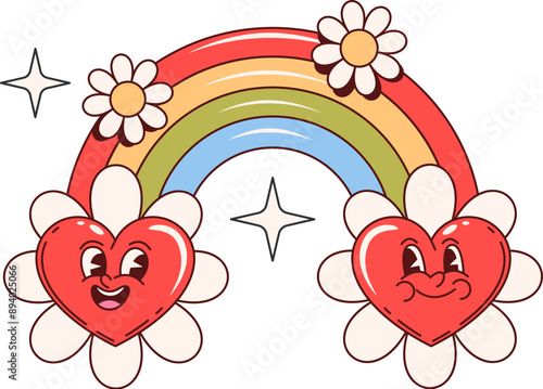 Retro y2k groovy love colorful rainbow arching between two cheerful heart characters, adorned by white daisy flowers and stars. Isolated vector retro style personages exude love, joy and fantasy vibes