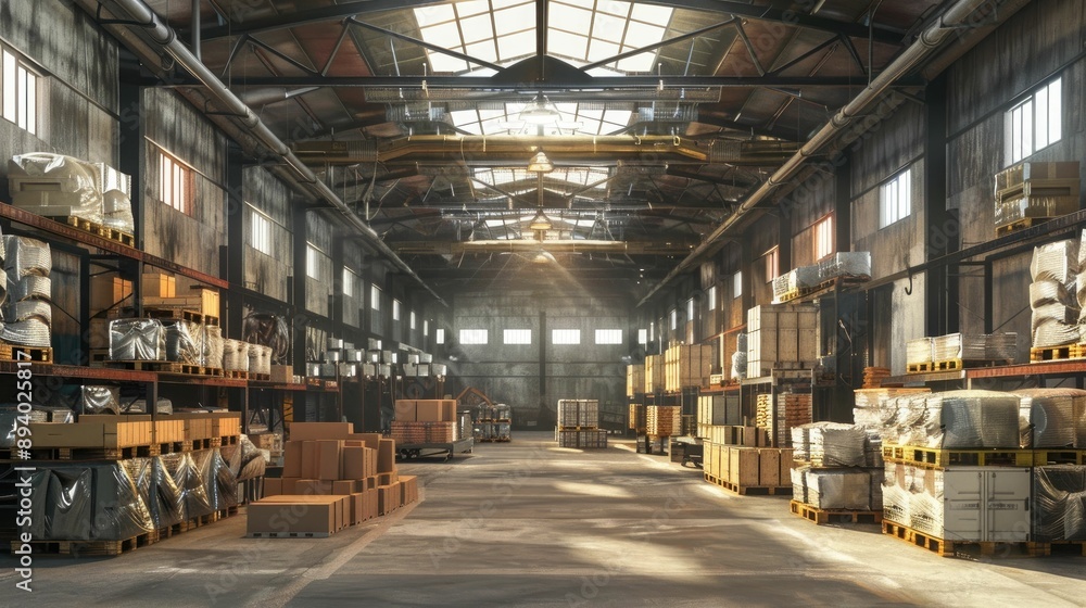 Industrial warehouse with goods stored in transparent containers Industrial warehouse with goods stored in transparent containers