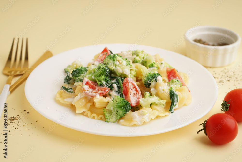 Plate of tasty pasta with broccoli, tomatoes, cutlery and spices on yellow background Plate of tasty pasta with broccoli, tomatoes, cutlery and spices on yellow background