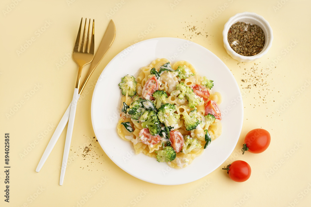 Plate of tasty pasta with broccoli, tomatoes, cutlery and spices on yellow background Plate of tasty pasta with broccoli, tomatoes, cutlery and spices on yellow background