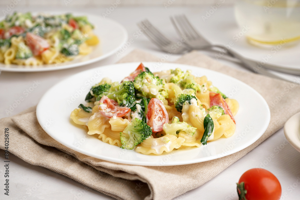 Plate of tasty pasta with broccoli, tomatoes and napkin on white background Plate of tasty pasta with broccoli, tomatoes and napkin on white background