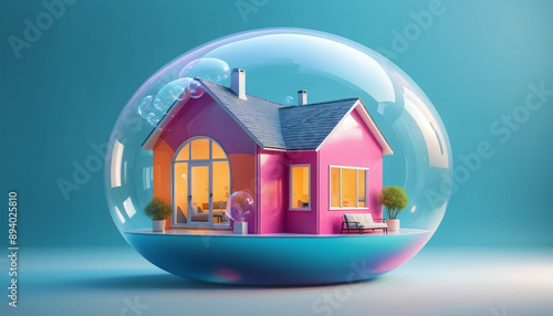 conceptual representation of a beautiful house or property wrapped in a bubble as a wish or dream to finance and own a home by credit or equity, risks of the real estate crisis photo