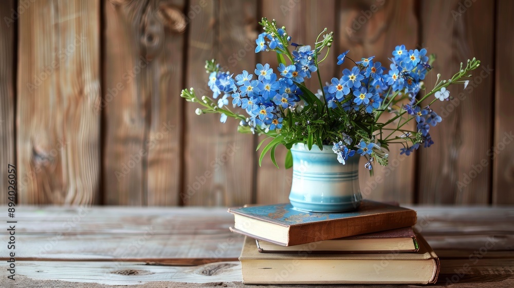 Spring bouquet with blue flowers and books for Mother s Day romantic setting with room for text Spring bouquet with blue flowers and books for Mother s Day romantic setting with room for text