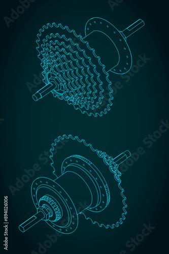 Bicycle Hub with cassette isometric technical drawings