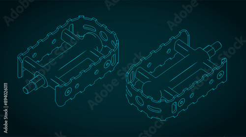 Bike pedal isometric technical drawings