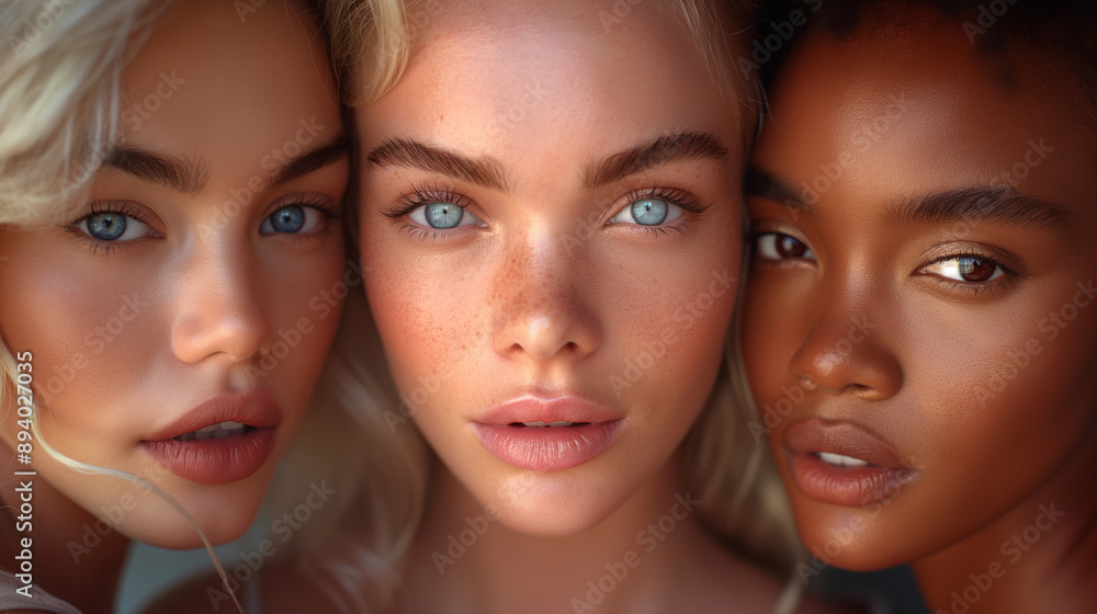 Close-up of diverse beautiful young women with perfect skin, beauty and diversity, skincare, female portrait, glowing skin, diverse models, makeup, natural beauty. Close-up of diverse beautiful young women with perfect skin, beauty and diversity, skincare, female portrait, glowing skin, diverse models, makeup, natural beauty.