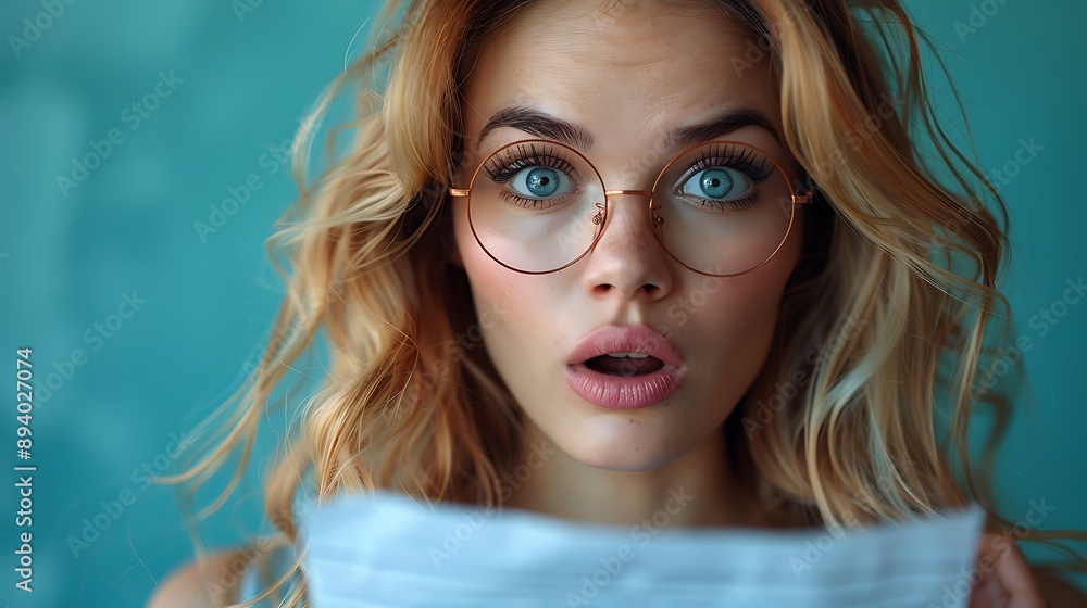 Shocked young woman reading a document isolated on blue background with copy space Shocked young woman reading a document isolated on blue background with copy space