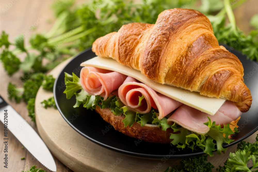 Freshly Made Ham and Cheese Croissant Sandwich with Lettuce on Black Plate, Garnished with Parsley. Freshly Made Ham and Cheese Croissant Sandwich with Lettuce on Black Plate, Garnished with Parsley.