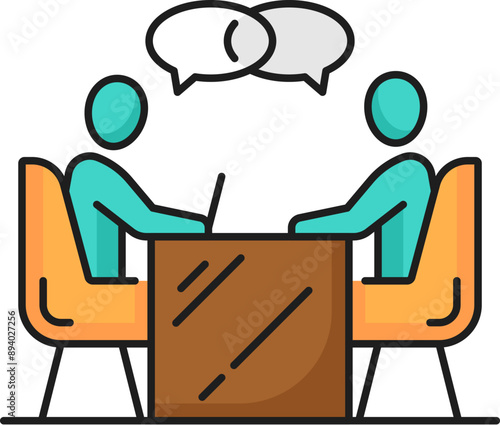 Recruitment interview, business career search color line icon. Head hunter service, company recruitment and employment thin line vector symbol with employer and job candidate negotiating at the table