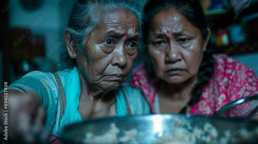 Asian Indian two women engage intensely while preparing a traditional meal, showcasing cultural bonding and culinary heritage in a cozy kitchen. Asian Indian two women engage intensely while preparing a traditional meal, showcasing cultural bonding and culinary heritage in a cozy kitchen.