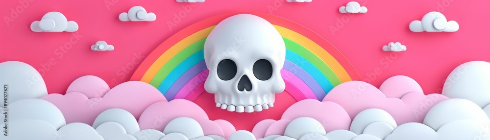 A vibrant and playful illustration of a skull surrounded by fluffy clouds and a colorful rainbow on a bright pink background. A vibrant and playful illustration of a skull surrounded by fluffy clouds and a colorful rainbow on a bright pink background.