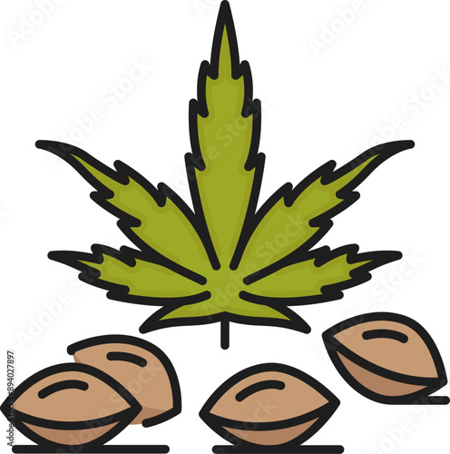 Medical cannabis seeds color thin line icon. Natural CBD farm linear sign, medical cannabis drug or medicine weed shop thin line vector pictogram or symbol with marijuana seeds and leaves