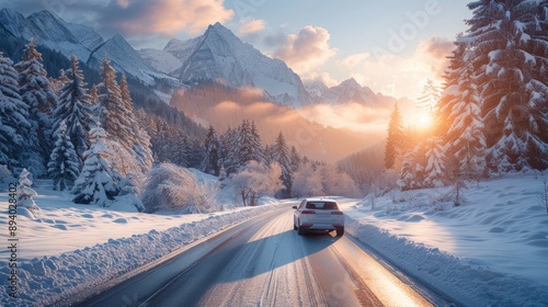 Car drive on mountain road landscape in winter. Nature scenery on highway in green mountains.