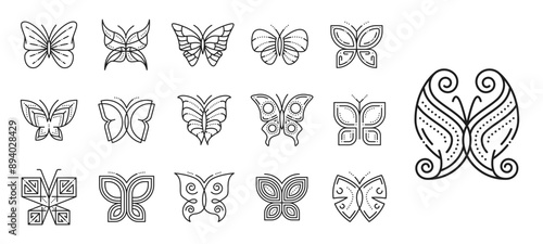 Butterfly insect line icon. Vector silhouettes of abstract butterflies and moths with open wings, decorated with elegant geometric pattern. Trendy line art flying insects, tattoo or spa salon symbols