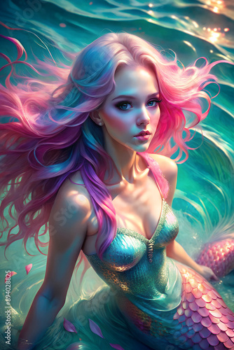 Beautiful mermaid, naiad with long pink hair underwater in the ocean