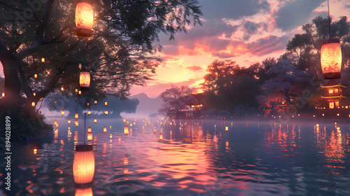 Fototapeta Naklejka Na Ścianę i Meble -  A serene scene of a river with a sunset in the background. The water is calm and the sky is filled with a warm, orange glow. The scene is peaceful and relaxing