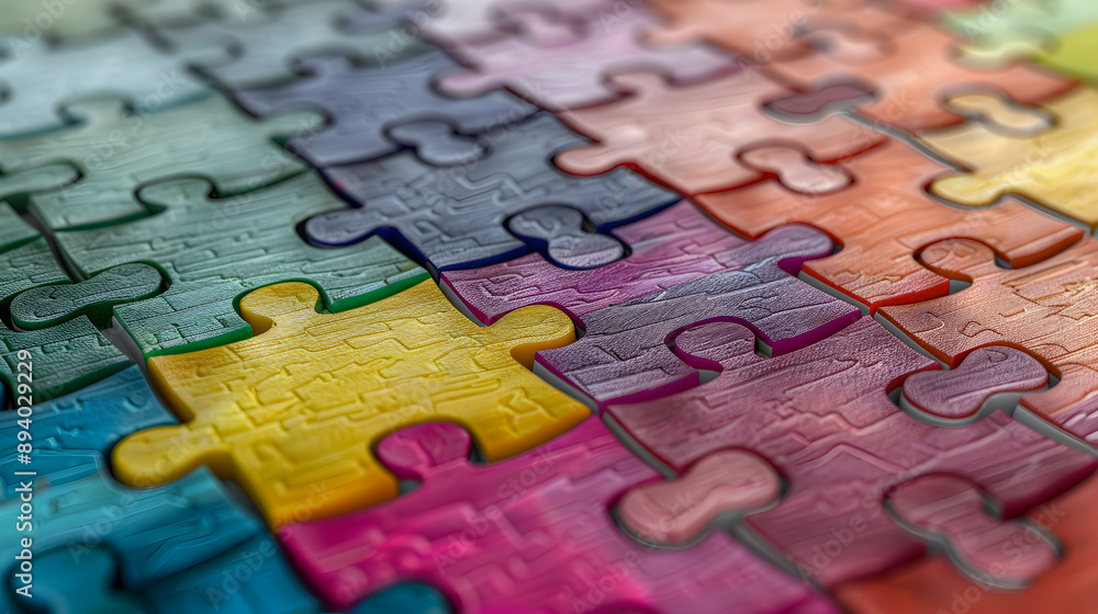 A colorful jigsaw puzzle with pieces of different colors. The puzzle is incomplete and has a sense of mystery and curiosity A colorful jigsaw puzzle with pieces of different colors. The puzzle is incomplete and has a sense of mystery and curiosity