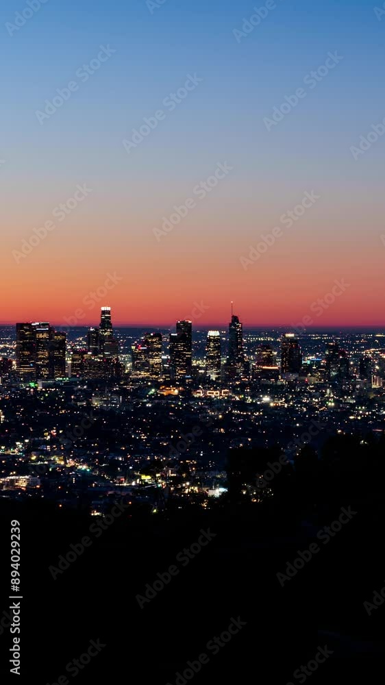 Los Angeles Downtown Sunrise with mountains and trails in foreground Time Lapse Vertical 4K