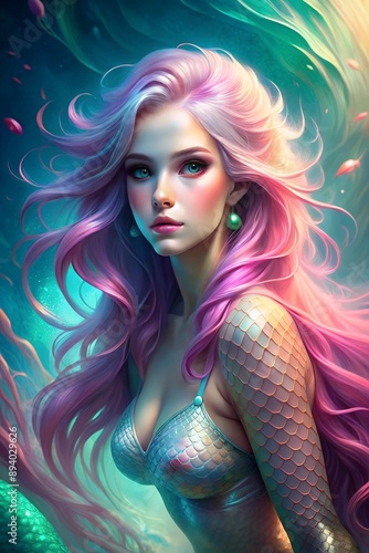 Beautiful mermaid, naiad with long pink hair underwater in the ocean photo