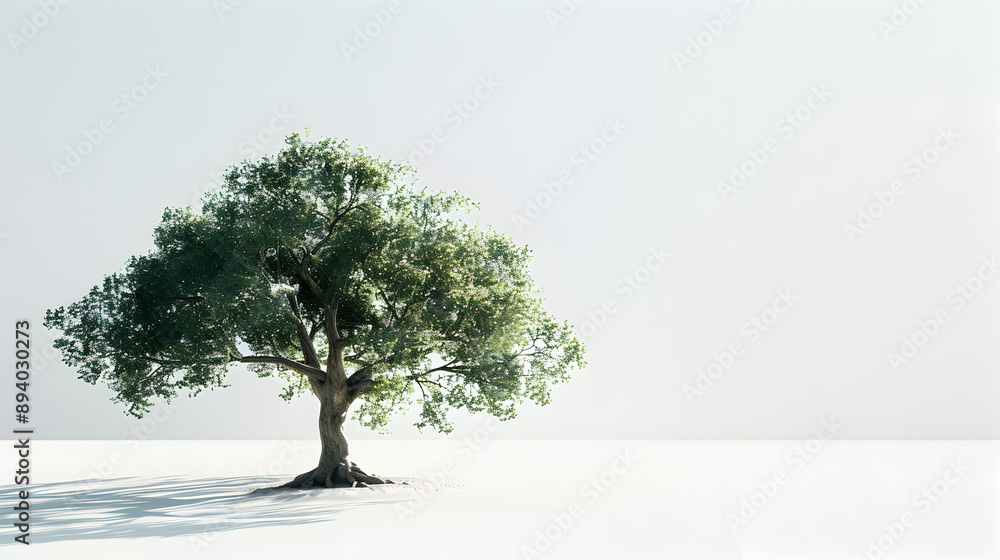 Obraz premium A tree is standing alone in a field of white snow. The tree is bare and has no leaves. The scene is quiet and peaceful, with the tree being the only living thing in the area