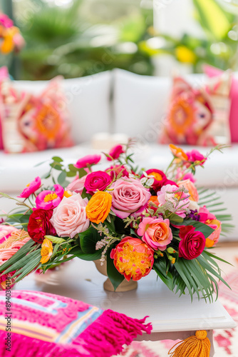 Bouquet of multicoloured roses and peonies in a vintage vase on the table