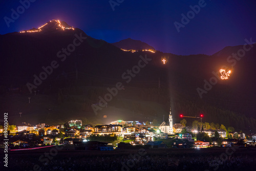 Traditional mountain bonfires for the summer solstice in the Tiroler Zugspitz Arena near Ehrwald