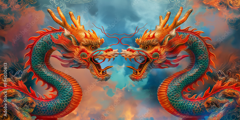 Two giant chinese dragons facing each other in the sky Two giant chinese dragons facing each other in the sky