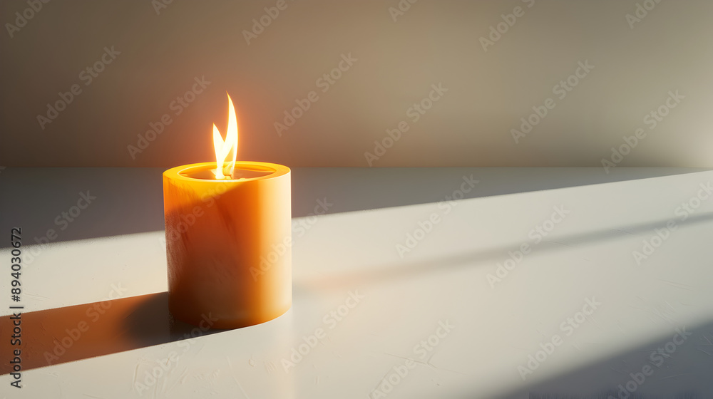 A candle is lit and sitting on a table. The light from the candle casts a shadow on the table A candle is lit and sitting on a table. The light from the candle casts a shadow on the table