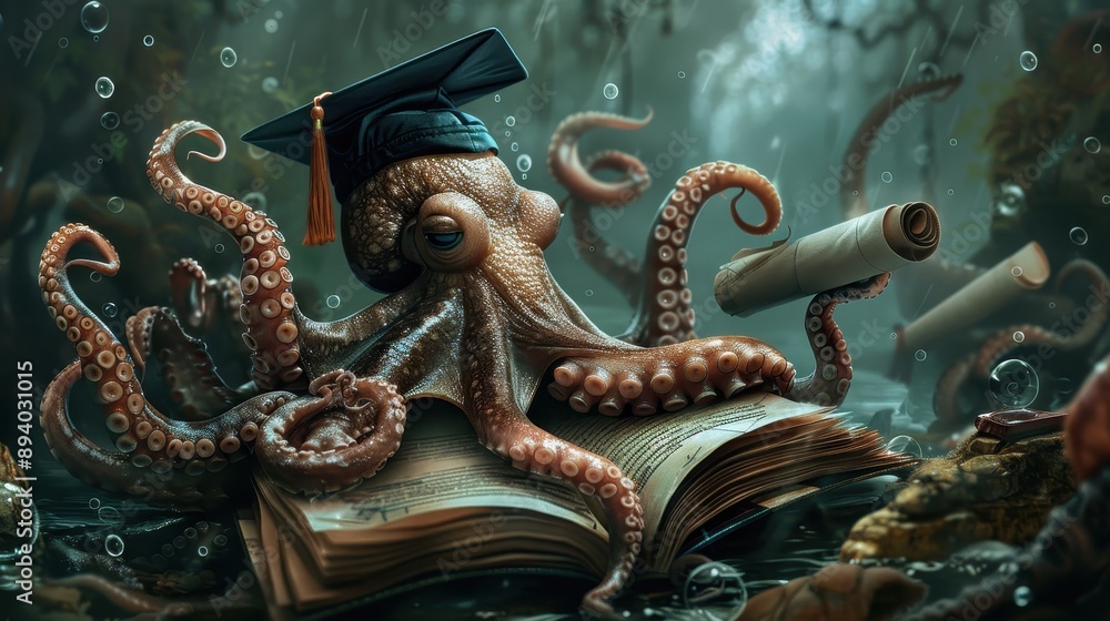 Fototapeta premium A whimsical octopus wearing a graduation cap, holding a diploma, surrounded by water and coral, symbolizing knowledge and education.
