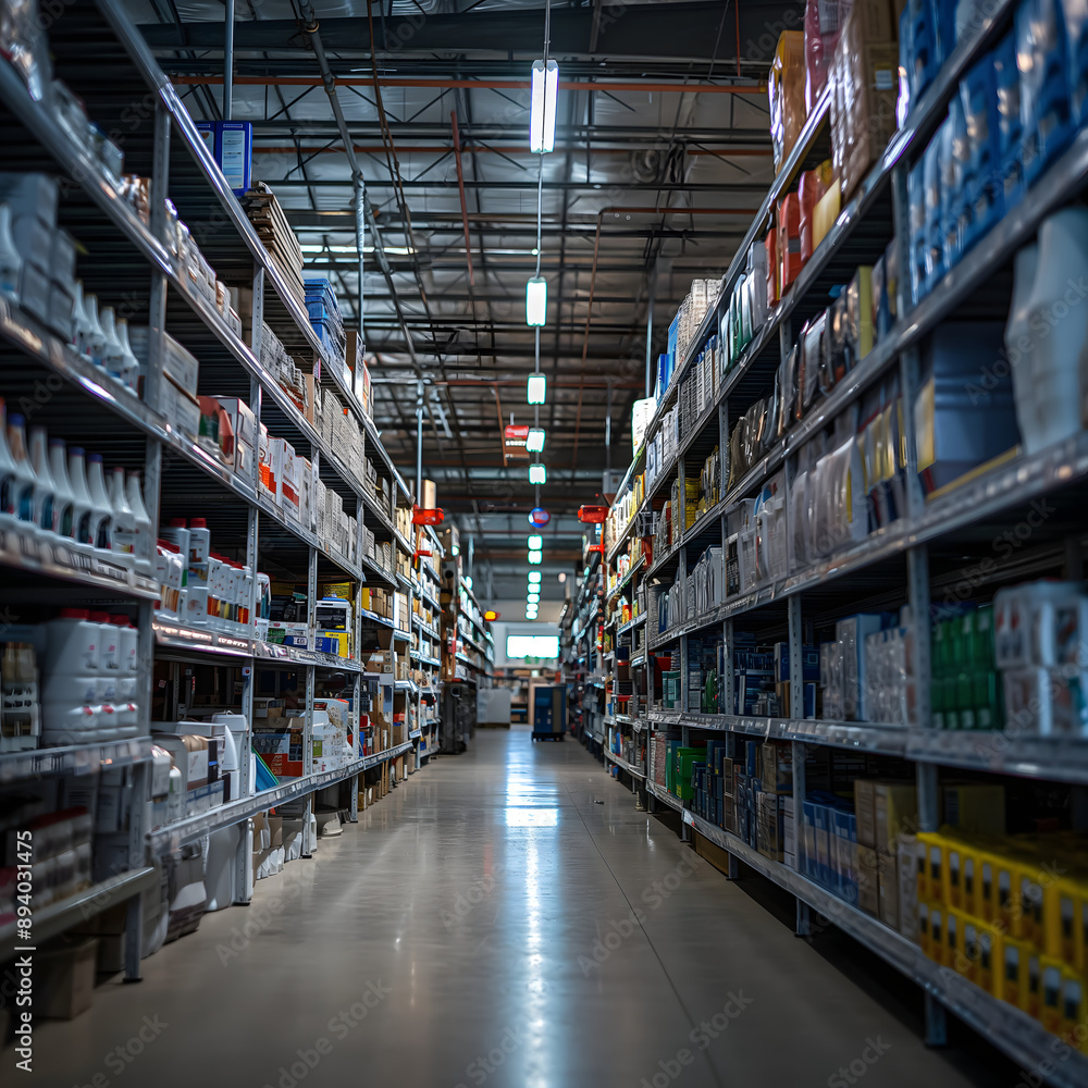 Warehouse shelves with boxes, products, and items. Storage room Warehouse shelves with boxes, products, and items. Storage room