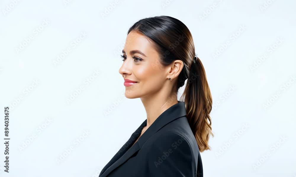 Medium shot portrait video of a satisfied woman in her 30s that is wearing a sleek suit against a white background Medium shot portrait video of a satisfied woman in her 30s that is wearing a sleek suit against a white background