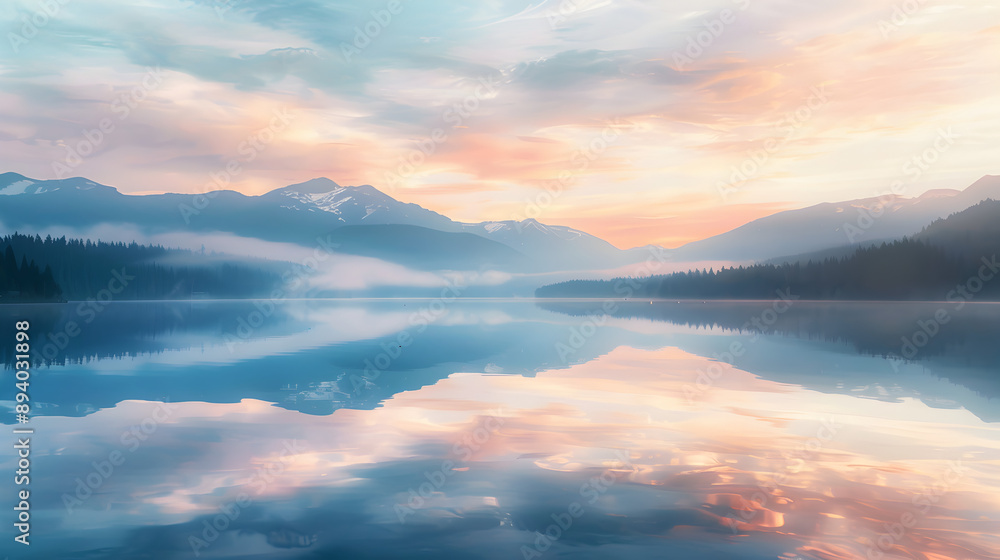A beautiful mountain lake with a pink and orange sky in the background. The sky is filled with clouds and the sun is setting. The lake is calm and peaceful, with the mountains in the distance A beautiful mountain lake with a pink and orange sky in the background. The sky is filled with clouds and the sun is setting. The lake is calm and peaceful, with the mountains in the distance
