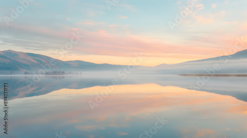 A beautiful lake with a pink and orange sky in the background. The sky is hazy and the water is calm