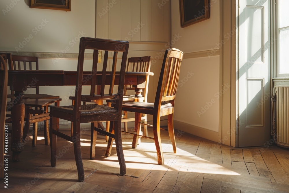 wooden chairs and table in a room with sunlight from the window wooden chairs and table in a room with sunlight from the window
