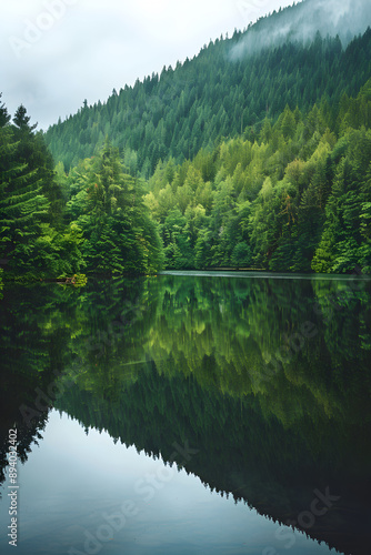 A serene lake surrounded by lush green trees. The water is calm and still, reflecting the trees and sky above. Concept of peace and tranquility, as if one were in the heart of nature