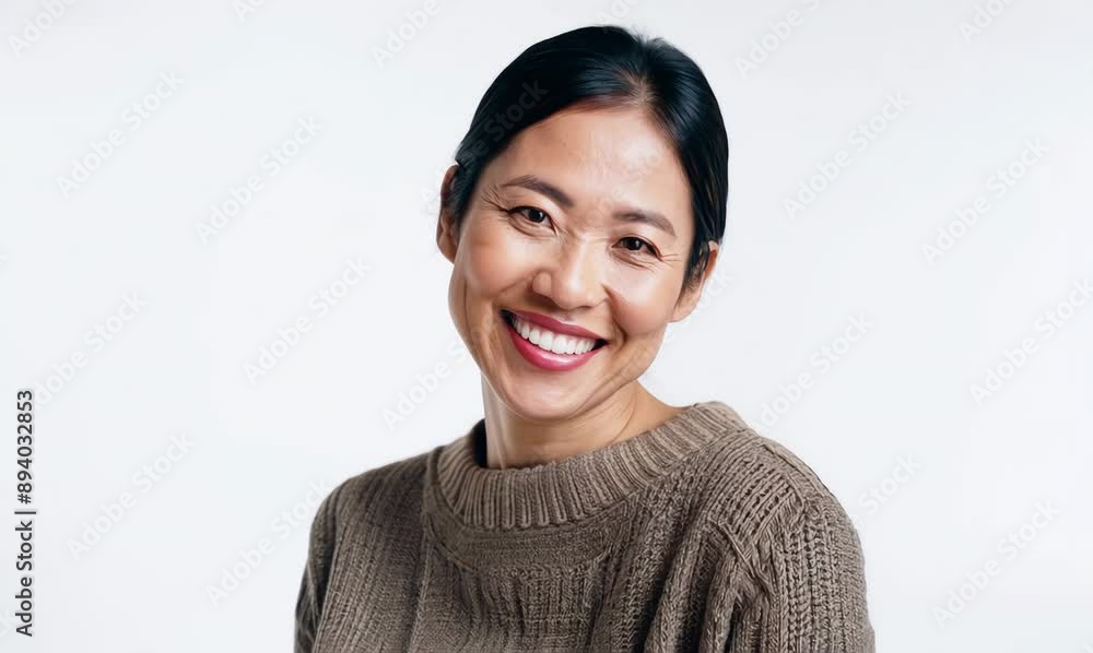 Portrait video of a pleased Indonesian woman in her 40s wearing a chic cardigan against a white background 