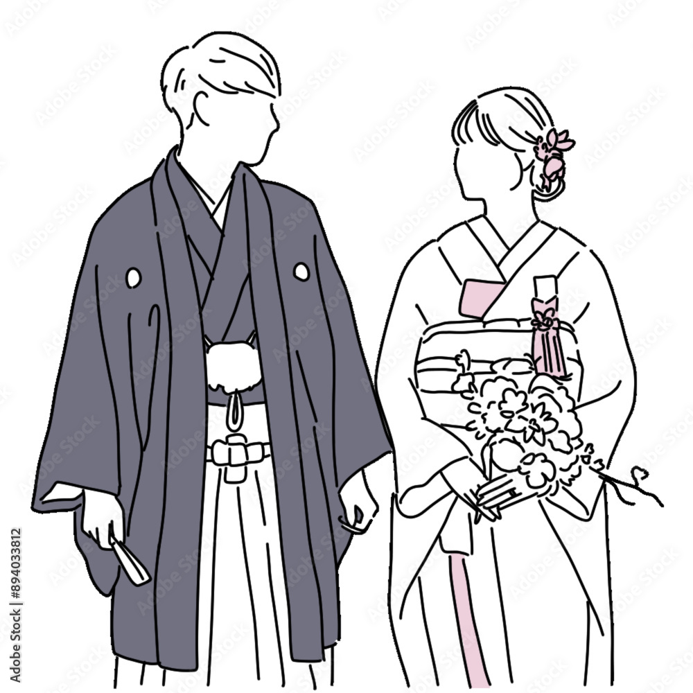 【手書きイラスト】紋付 白無垢 カップル 新郎 新婦