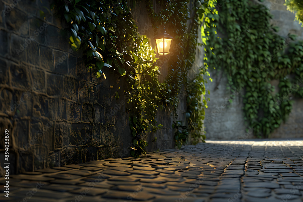 Obraz premium A brick wall with ivy growing up it and a lamp on the wall. The light from the lamp is shining on the ivy, creating a warm and inviting atmosphere