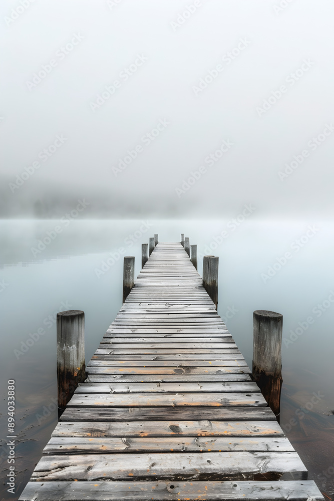Fototapeta premium A foggy day at a pier with a wooden bridge. The water is calm and the sky is overcast
