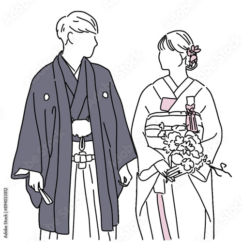 【手書きイラスト】紋付 白無垢 カップル 新郎 新婦