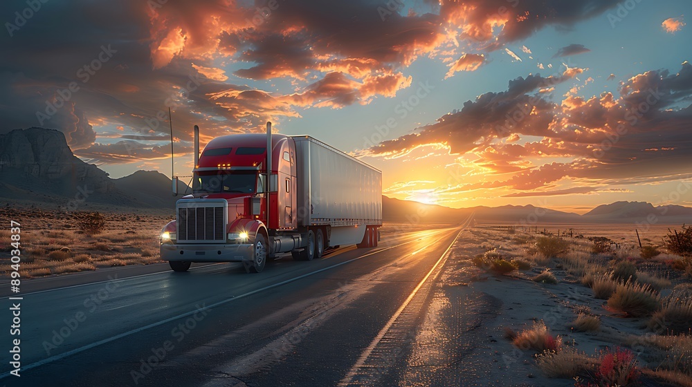  Huge semi-truck crossing the southwest United states on an empty road 