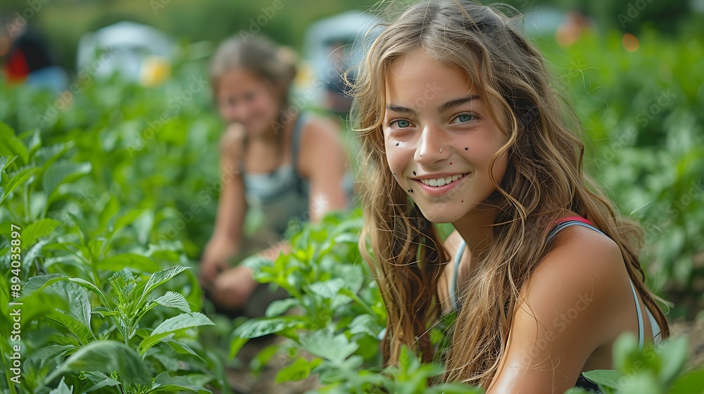 Teen girls at a community garden, planting and gardening together Teen girls at a community garden, planting and gardening together