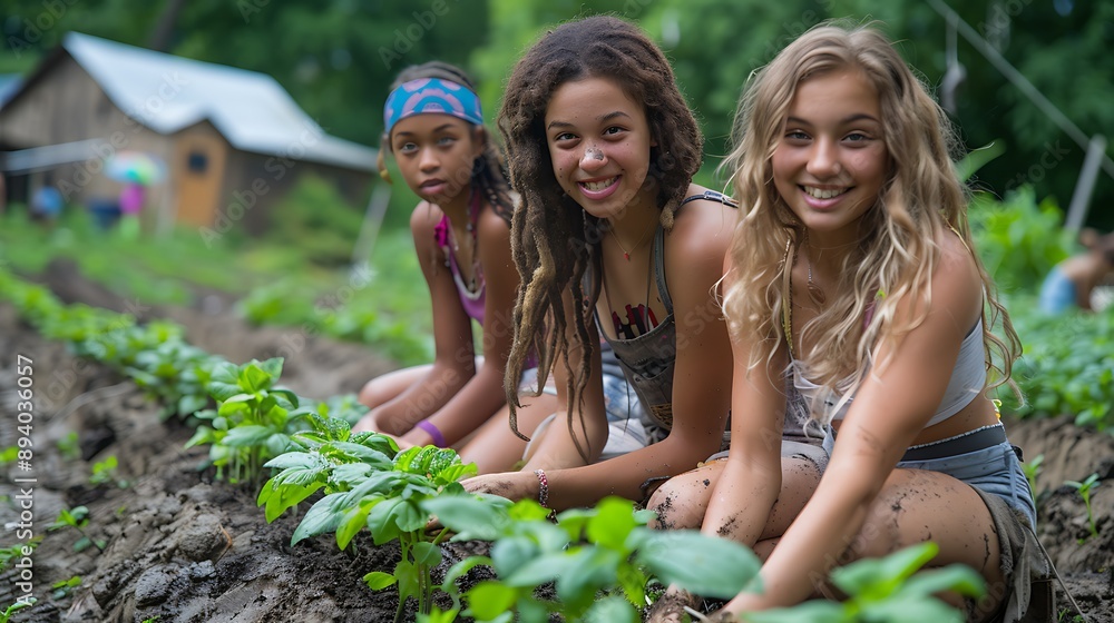 Teen girls at a community garden, planting and gardening together Teen girls at a community garden, planting and gardening together