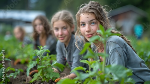  Teen girls at a community garden, planting and gardening together 