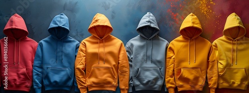  Several hoodies spread on colorful background  photo